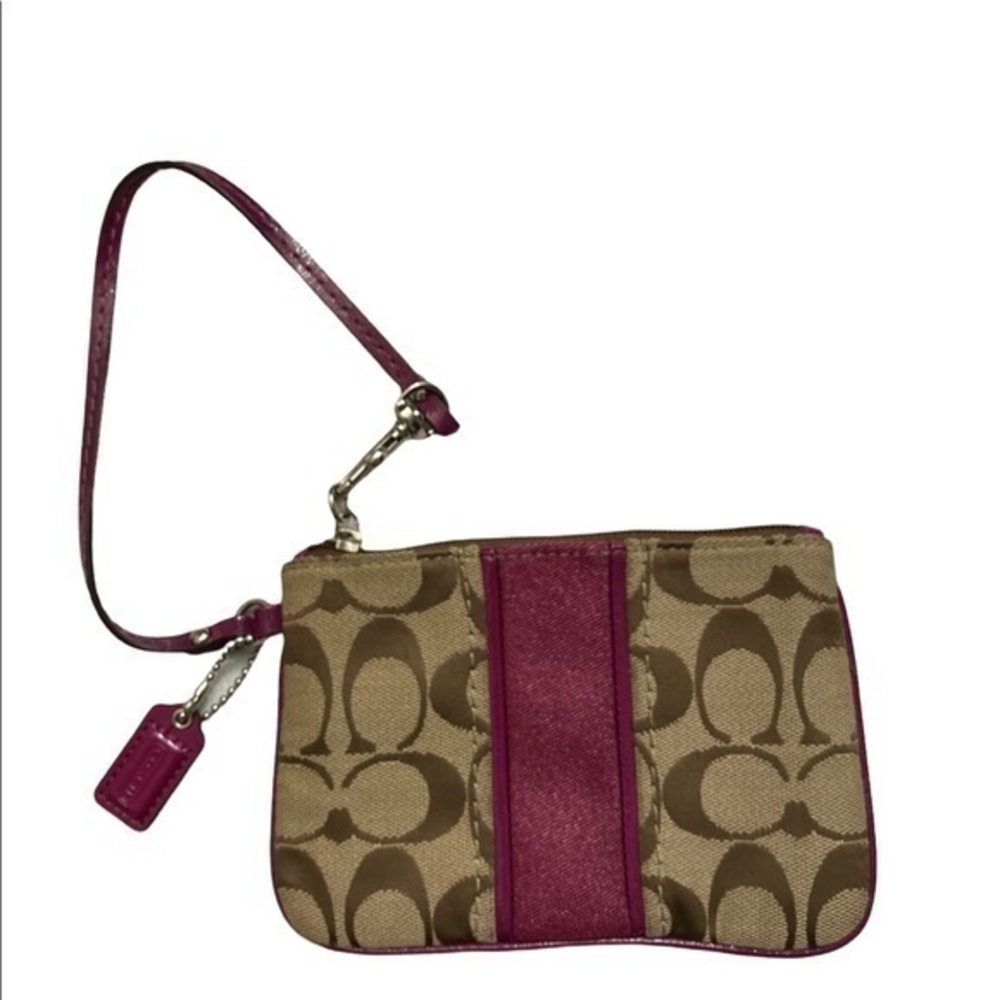 Coach khaki brown signature c and purple fuchsia wristlet